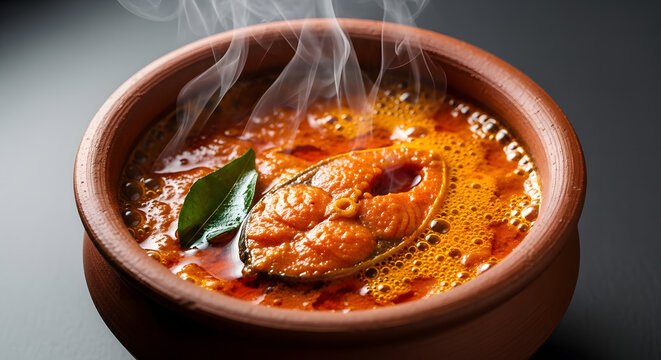 Authentic Spicy South Indian Fish Curry in a Traditional Clay Pot with Fresh Curry Leaves