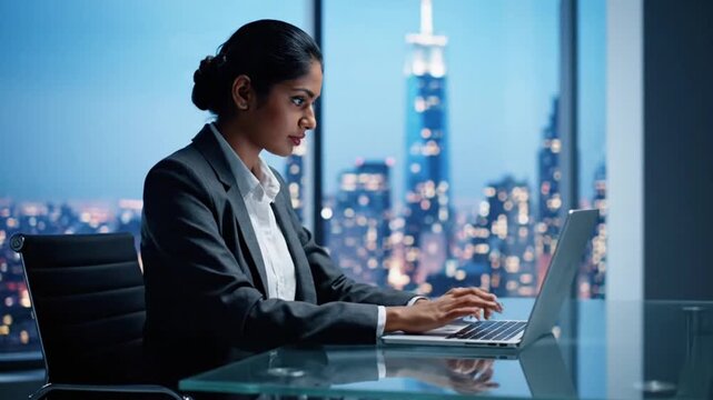 Businesswoman working on laptop computer City skyline background Corporate office Professional woman