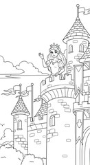 Obraz premium A vintage vector illustration of a medieval city featuring a hand-drawn sketch of an old house, castle tower, and urban architecture in a charming village street design