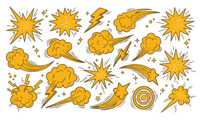 Obraz premium Explosive surprise comic line golden effect set. Hand drawn doodle cartoon speed effect, gold explosive burst action elements.
