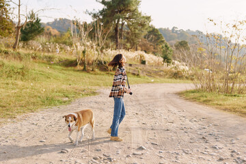 Obraz premium Woman walking a dog along a gravel path in a sunny park, trees in distance, casual outdoor activity, companionship and nature exploration and fresh air