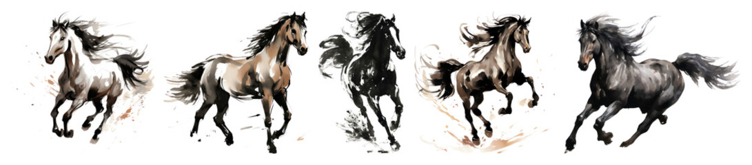 Fototapeta premium PNG Dynamic galloping horses art element set on transparent background