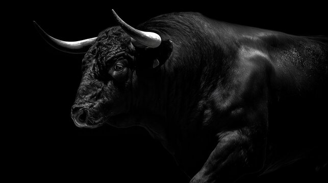 Primer plano de toro bravo majestuoso en blanco y negro, Imagen premium de toro salvaje s&iacute;mbolo de fuerza y poder, Fondo impactante de toro para publicidad o branding