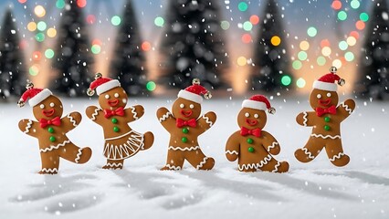 Gingerbread Men Dancing in Snowy Christmas Scene.