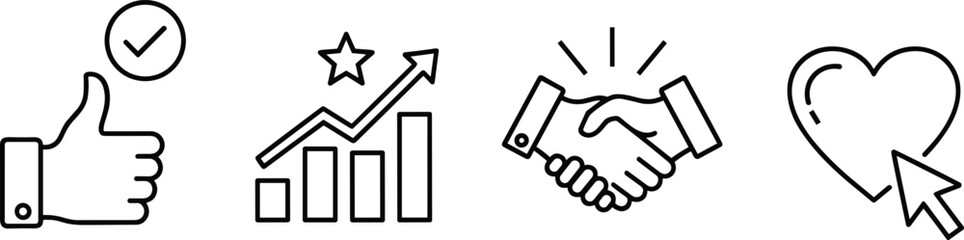Obraz premium Set of black line icons showing thumbs up with check mark, growth chart, handshake, and heart with cursor