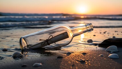 Glass Bottle with Message on Beach at Sunset.