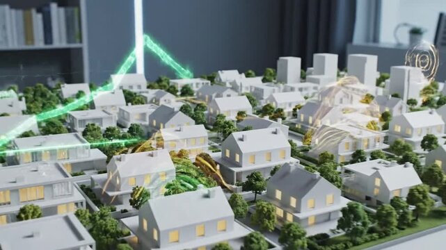 White suburban houses form a compact grid, bisected by glowing green energy streams swirling softly