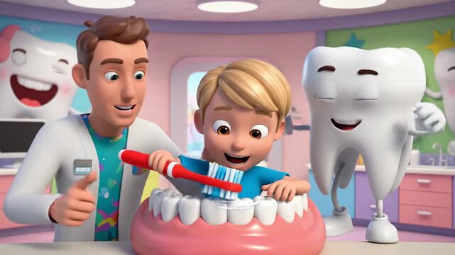 Bright dental clinic scene with dentist, assistant, and child brushing a giant tooth model, smiling!