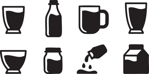 Black Icons of Various Milk and Beverage Containers on White Background