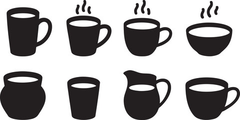 Black Coffee Cups and Mugs on White Background