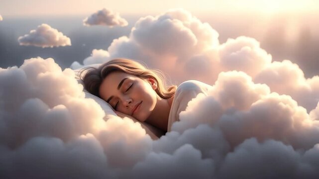 Woman sleeping peacefully on pillow in bed, surrounded by fluffy clouds, dream concept