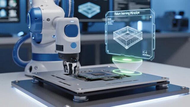 Futuristic lab with a robotic arm over a 3D printer, and a holographic data cube on display. Viz HUD