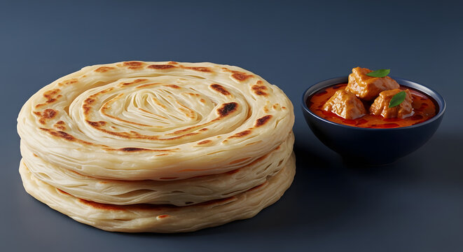 Flaky Golden Layered Parotta with Spicy Meat Curry Side Dish South Indian Cuisine