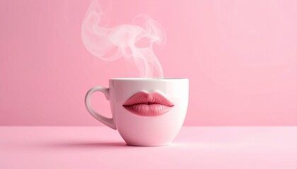 Artistic cup with pink lips design and steam rising, showcasing unique coffee experience on a soft pink background for creative projects
