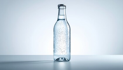 Clear glass bottle filled with sparkling water on a smooth surface, illuminated by soft light, showcasing bubbles and clarity for refreshing beverage inspiration