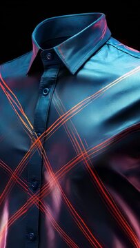 Vertical video: Shifting neon X over collar on form in studio, showing leather sheen for ad