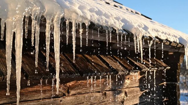 Icicles hang from a snow-covered wooden roof; sunlight glints on melting ice under a blue sky today