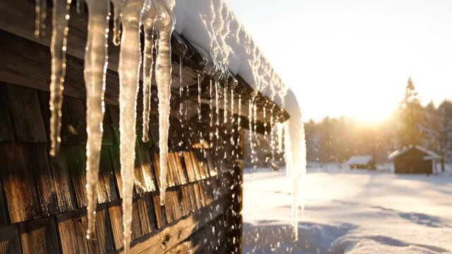 Icicles hang from a snow-capped timbered roof as the sun lights a frosty, quiet landscape with glow