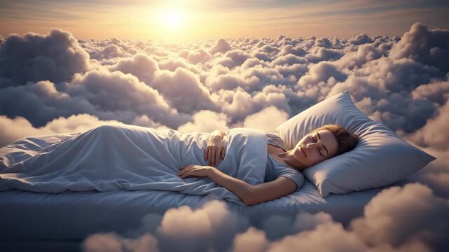 Woman sleeping peacefully on pillow in bed, surrounded by fluffy clouds, dream concept