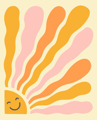 Wavy Groovy Sun Face Vintage Background. Abstract Psychedelic Retro Sunburst Print. Boho Smile Summer Poster. 70s Wavy Rays Vector Illustration. Boho Wave Flower Bg Set. Colorful Retro Graphic Design.