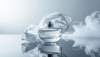 Elegant glass perfume bottle with intricate design, reflective surface, and soft fabric backdrop, showcasing luxury and beauty in fragrance styling