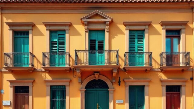 Video A yellow building with green shutters and a green fire hydrant, perfect for urban or architecture