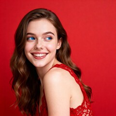 Smiling Young Woman Portrait on Red Background