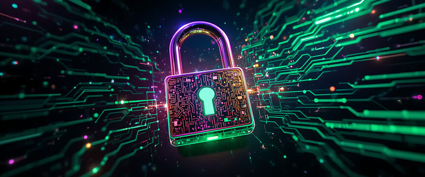 Cyber security theme futuristic security background in dark blue, purple, and green colors combination.