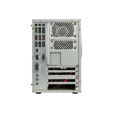 Back panel of a computer tower with ports and cables