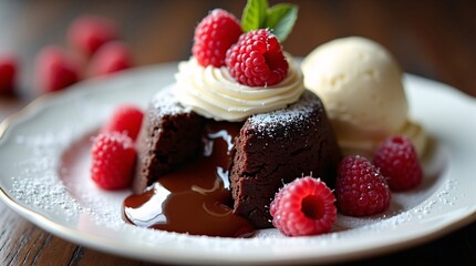 This image showcases a decadent chocolate lava cake, split open to reveal its rich, molten chocolate center oozing onto a white plate with a delicate gold rim.