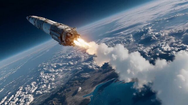 Heavy Lift Rocket Booster Separating in Earth Upper Atmosphere Orbit