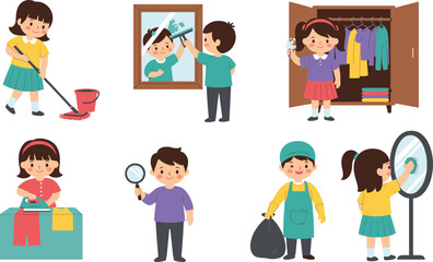 Fototapeta premium Kids helping with household chores cleaning organizing and daily activities cute vector illustration set