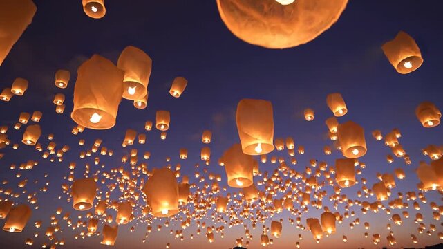 Flying paper lanterns light up the beautiful night sky during traditional festival celebration