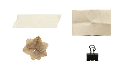 Set of stationery collage elements including torn tape strip, folded kraft paper, dried hydrangea...