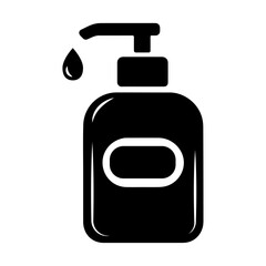 Minimalistic black and white graphic icon of a liquid hand soap or gel dispenser with pump mechanism