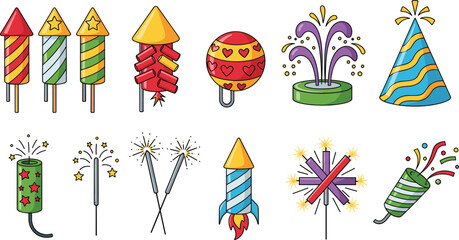 Colorful fireworks and party celebration vector set with rockets, sparklers, fountain, confetti popper and festive elements © Sumon Creative