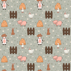 cute hand drawn cartoon character with funny cow with hat in the meadow with hen, daisy flowers, wood bench, pig, rabbit and hay seamless vector pattern background illustration