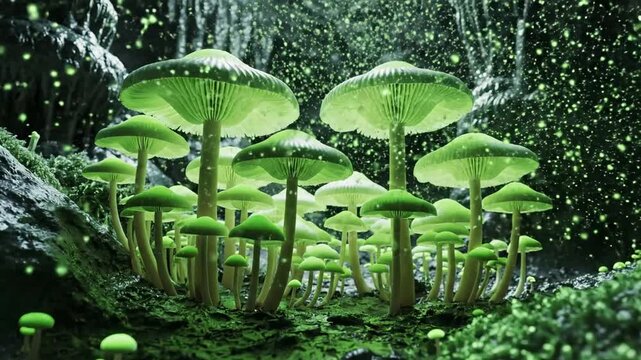 Bright green mushrooms glow within a damp cavern producing a surreal bioluminescent forest in shade