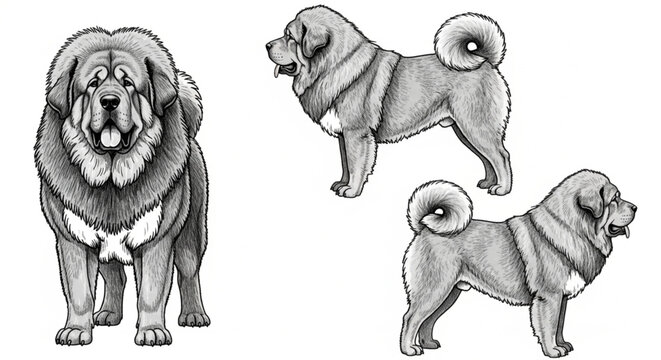 Majestic Tibetan Mastiff Dog Illustration Set: Detailed Black and White Hand-Drawn Sketch of Powerful Guardian Breed in Multiple Poses for Pet, Veterinary, or Educational Design