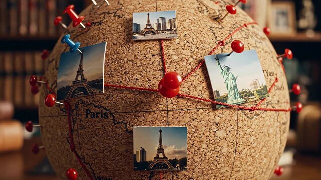 Travel Globe with Pins and Photos of Paris and New York City Landmarks