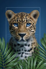 Fototapeta premium Striking leopard with intense blue eyes gazes forward from lush green foliage against a deep blue backdrop, perfect for wildlife themes, conservation campaigns, or bold posters.