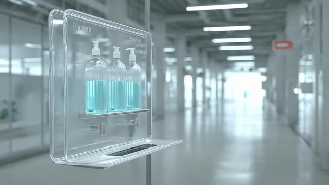 Freestanding sanitization unit captured in medium shot clear focus on pump dispensers and sink surface with a blurred environment enhancing disinfecting theme.