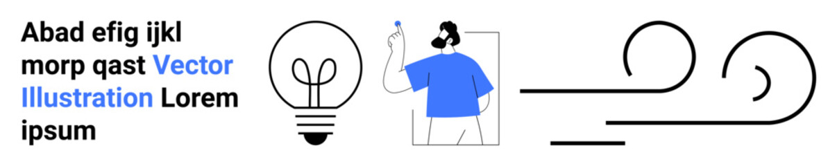 Creativity, innovation, brainstorming, design thinking, energy flow, artistic process. Person with a light bulb, abstract flowing lines. Creativity and innovation concept