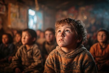 Fototapeta premium Children listen to traditional storytelling in a rural setting