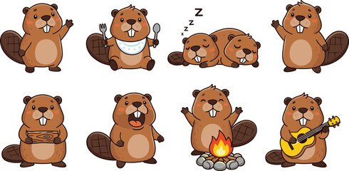 Cute beaver cartoon character set with different poses camping, sleeping, eating and playing guitar vector illustration © Sumon Creative