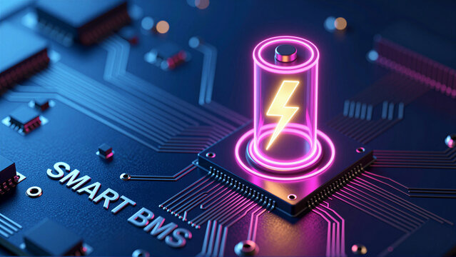 Neon-lit smart battery cell glowing atop an advanced circuit board with SMART BMS etched below&mdash;symbolizing intelligent energy management  and  performance analysis of lithium-ion batteries in electron