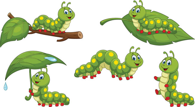 Cute cartoon caterpillar character set with leaf umbrella, crawling poses and funny insect nature illustration