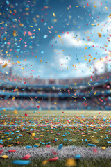 Naklejka premium Confetti falling on a football field during a championship celebration with blurred stadium crowd