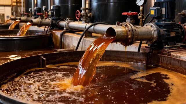 Medium shot capturing the pumping process of molasses from large storage tanks emphasizing the flow and equipment involved in transferring the dense syrup.