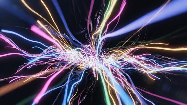 Vivid neon light trails radiate from a central hub into a dark backdrop, electrified ribbons glow!!!